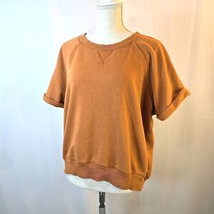 Aerie Sz Large Short Sleeve Sweatshirt Burnt Orange Crew Neck Fleece Oversized